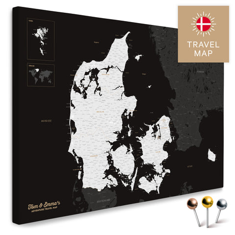 Buy a black-and-white Denmark map Push Pin Map with a very high level of detail for marking places and travel destinations