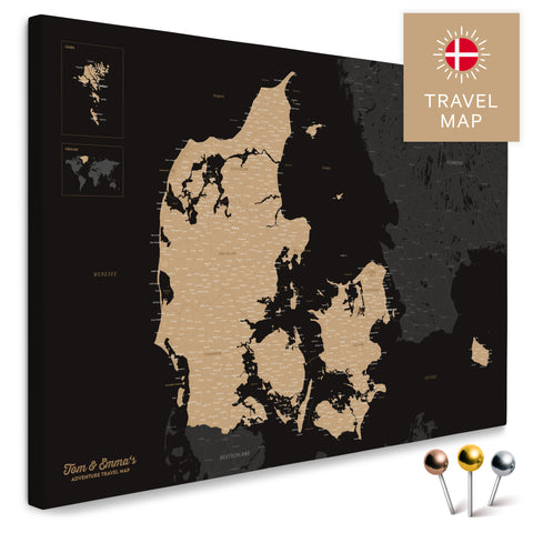 Buy a Denmark map on a Sonar Black Push Pin Map with a very high level of detail for marking places and travel destinations