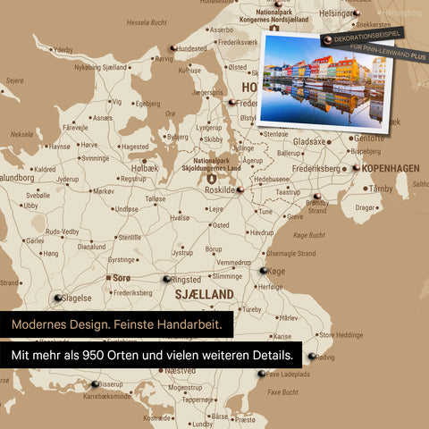 Detail of a Denmark map Push Pin Map in Treasure Gold showing destinations around Copenhagen marked with pins