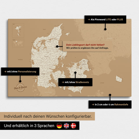Diverse configuration options for a Denmark map as a Treasure Gold Push Pin Map