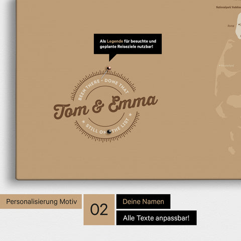 Personalized Denmark map as a Push Pin Map in Treasure Gold with printed names and a legend for marking visited places
