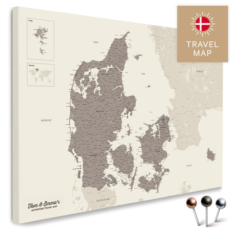 Buy a Denmark map in warm gray (brown-gray) Push Pin Map with a very high level of detail for marking places and travel destinations