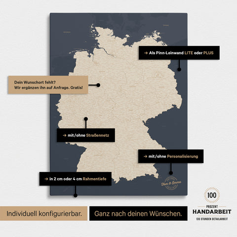 Vielfältige Konfigurationsmöglichkeiten einer Deutschland-Karte als Pinn-Leinwand in Hale Navy