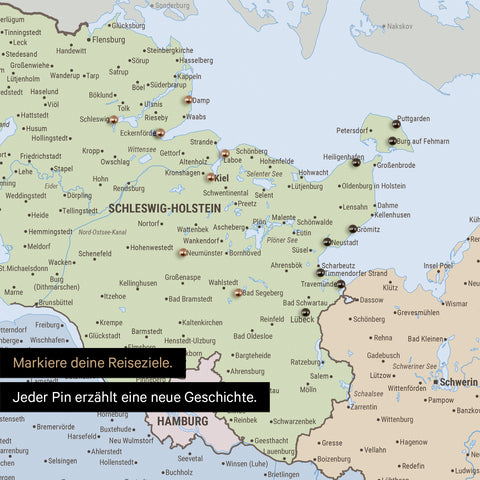 Detail einer Deutschland-Karte als Pinn-Leinand in Multicolor Atlas (Politische Karte) mit Pins in Schleswig-Holstein
