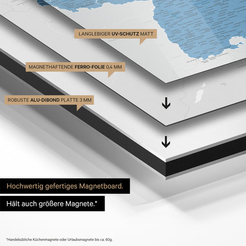 Deutschland-Karte auf magnethaftende Ferro-Folie gedruckt, auf Alu-Dibond-Tafel geklebt und mit UV-Schutz kaschiert