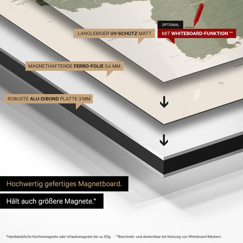 Deutschland-Karte auf magnethaftende Ferro-Folie gedruckt, auf Alu-Dibond-Tafel geklebt und mit UV-Schutz kaschiert