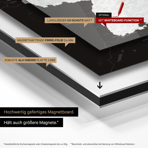 Deutschland-Karte auf magnethaftende Ferro-Folie gedruckt, auf Alu-Dibond-Tafel geklebt und mit UV-Schutz kaschiert