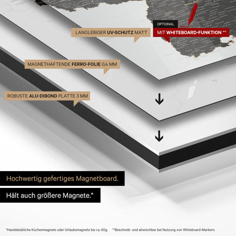 Deutschland-Karte auf magnethaftende Ferro-Folie gedruckt, auf Alu-Dibond-Tafel geklebt und mit UV-Schutz kaschiert