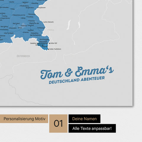 Magnetische Deutschland-Karte als Magnetboard in Blau mit Personalisierung und eigedruckten Namen