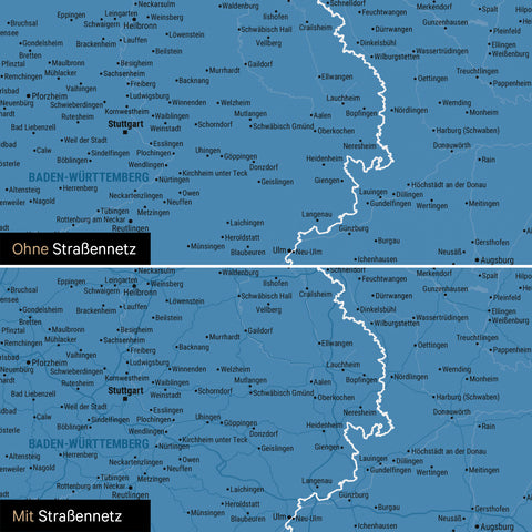 Magnetische Deutschland-Karte in Blau mit optionalem Straßennetz von Autobahnen und Landstraßen