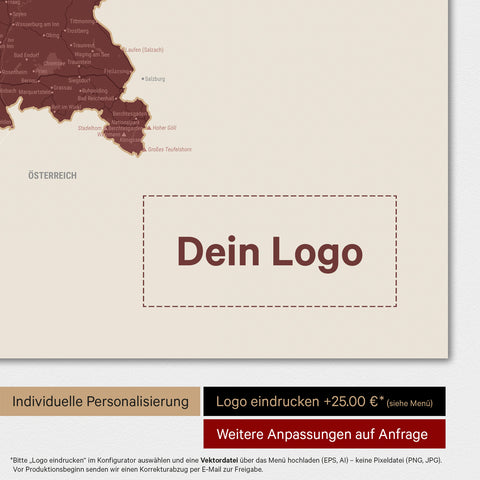 Weltkarte als Deutschland-Karte in Bordeaux Rot mit Eindruck eines Firmenlogos