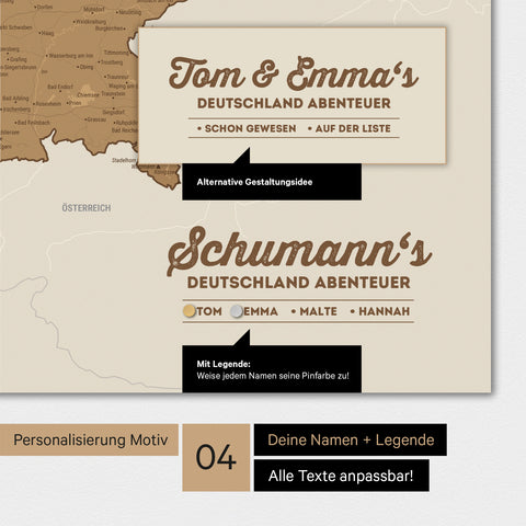 Magnetboard Deutschland-Karte in Bronze mit Personalisierung als Logo mit Familiennamen