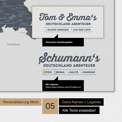 Magnetboard Deutschland-Karte in Denim Blue mit Personalisierung als Logo mit Familiennamen