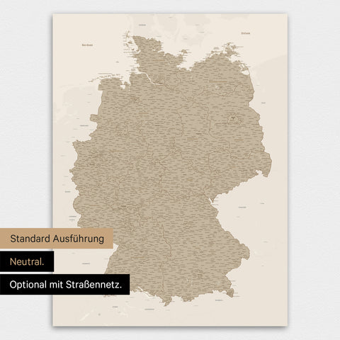 Neutrale und schlichte Ausführung einer magnetischen Deutschland-Karte in Desert Sand