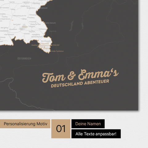 Magnetische Deutschland-Karte als Magnetboard in Dunkelgrau mit Personalisierung und eigedruckten Namen