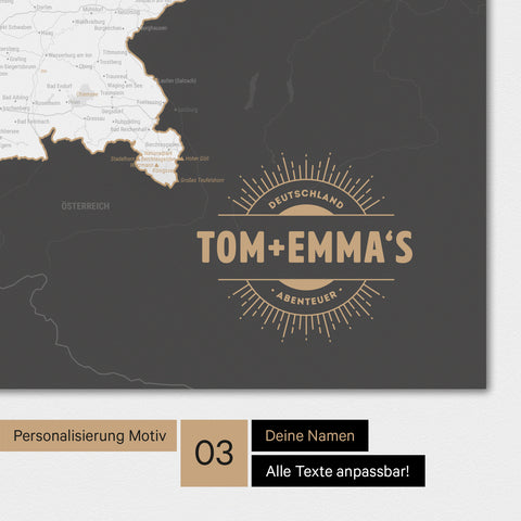 Magnetboard mit Deutschland-Karte in Dunkelgrau mit rundem Logo als Personalisierung