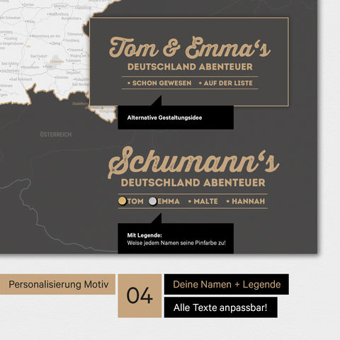 Magnetboard Deutschland-Karte in Dunkelgrau mit Personalisierung als Logo mit Familiennamen