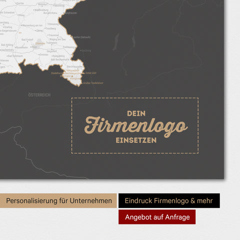 Weltkarte als Deutschland-Karte in Dunkelgrau mit Eindruck eines Firmenlogos