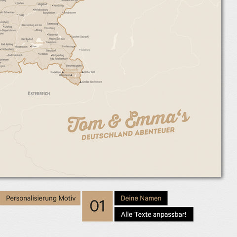 Magnetische Deutschland-Karte als Magnetboard in Gold mit Personalisierung und eigedruckten Namen