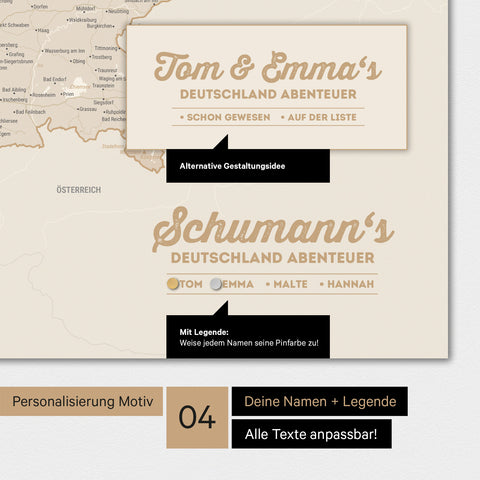 Magnetboard Deutschland-Karte in Gold mit Personalisierung als Logo mit Familiennamen