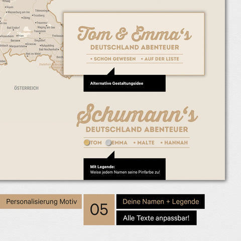Magnetboard Deutschland-Karte in Gold mit Personalisierung als Logo mit Familiennamen