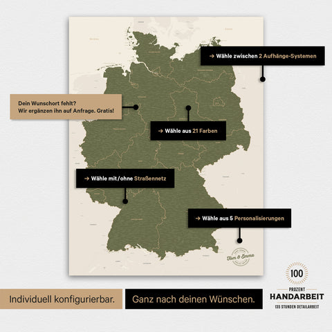 Übersicht über die vielfältigen Konfigurationsmöglichkeiten einer magnetischen Deutschland-Karte als Magnetboard in Olive Green, von der Auswahl des Aufhänge-Systems über Farben bis zum Detailgrad