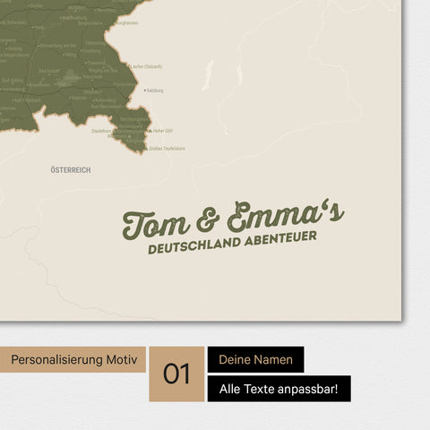 Magnetische Deutschland-Karte als Magnetboard in Olive Green mit Personalisierung und eigedruckten Namen