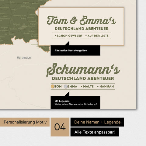 Magnetboard Deutschland-Karte in Olive Green mit Personalisierung als Logo mit Familiennamen