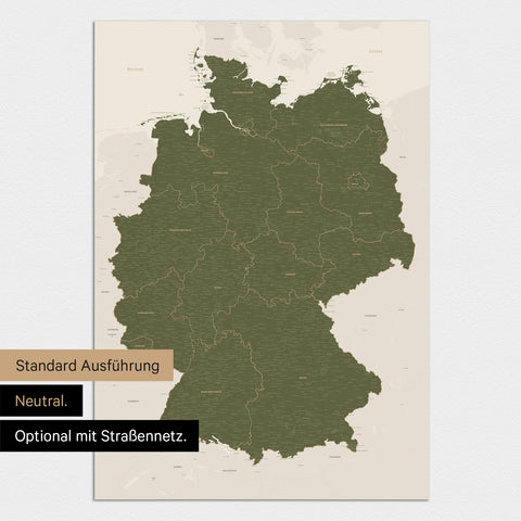 Neutrale und schlichte Ausführung einer magnetischen Deutschland-Karte in Olive Green