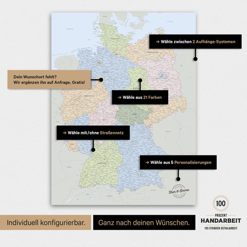 Übersicht über die vielfältigen Konfigurationsmöglichkeiten einer magnetischen Deutschland-Karte als Magnetboard in Multicolor Atlas, von der Auswahl des Aufhänge-Systems über Farben bis zum Detailgrad