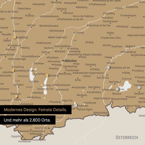 Ausschnitt einer magnetischen Deutschland-Karte in Multicolor Beige zeigt Karte von Bayern, auf der Magnete Reiseziele markieren