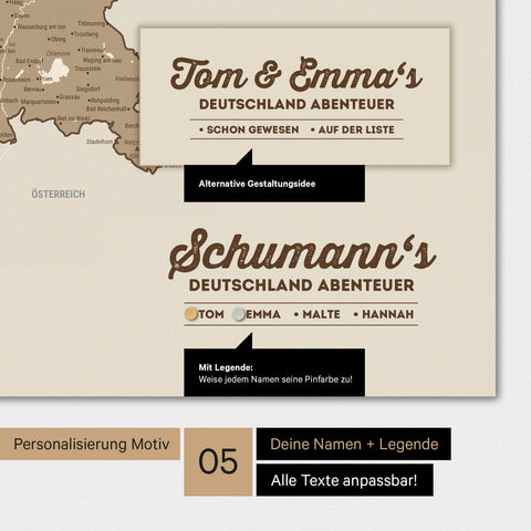 Magnetboard Deutschland-Karte in Multicolor Brown mit Personalisierung als Logo mit Familiennamen