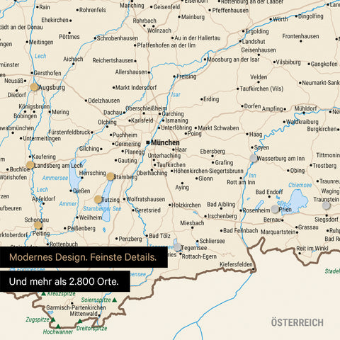 Ausschnitt einer magnetischen Deutschland-Karte in Multicolor Classic zeigt Karte von Bayern, auf der Magnete Reiseziele markieren