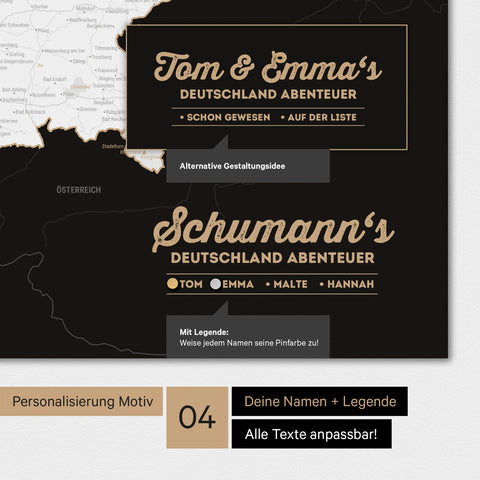 Magnetboard Deutschland-Karte in Schwarz-Weiss mit Personalisierung als Logo mit Familiennamen