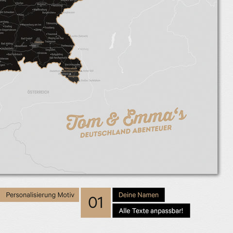 Magnetische Deutschland-Karte als Magnetboard in Light Black mit Personalisierung und eigedruckten Namen