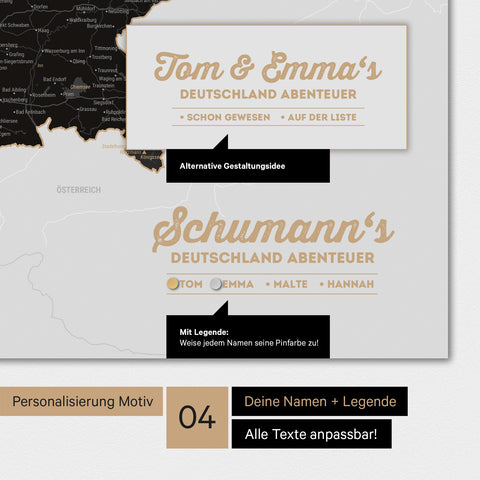 Magnetboard Deutschland-Karte in Light Black mit Personalisierung als Logo mit Familiennamen
