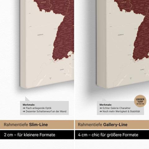Deutschland-Karte TRAVEL® Pinn-Leinwand – Bordeaux Rot