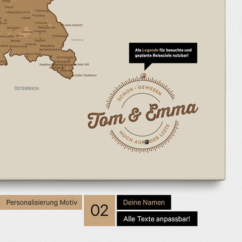 Pinnwand Leinwand einer Deutschlandkarte in Farbe Bronze mit personalisiertem Eindruck von Namen und einer Legende zum Markieren