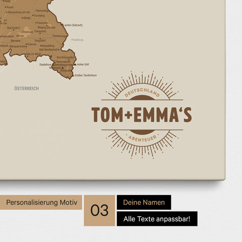 Deutschland-Karte als Pinn-Leinwand in Bronze mit eingedruckten Namen als Logo in Form einer Sonne