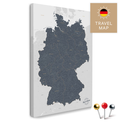 Deutschland-Karte in Denim Blue als Pinnwand Leinwand zum Pinnen und Markieren von Reisezielen kaufen