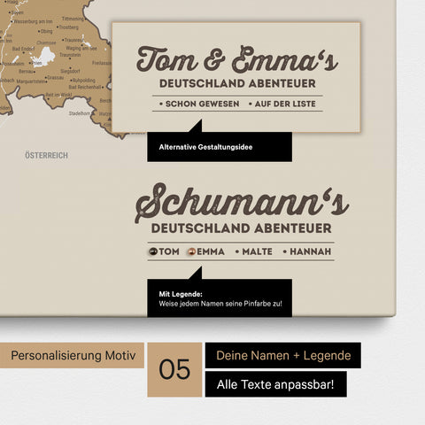 Pinnwand Leinwand einer Deutschland-Karte in Multicolor Beige mit Personalisierung als Logo mit Familiennamen