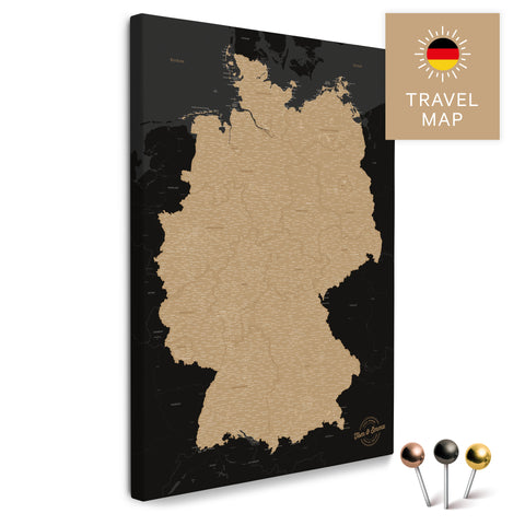 Deutschland-Karte in Sonar Black (Schwarz-Gold) als Pinnwand Leinwand zum Pinnen und Markieren von Reisezielen kaufen