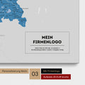 Deutschland-Karte mit Postleitzahlen als Pinn-Leinwand in Blau mit Eindruck des Firmenlogos