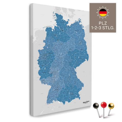 Deutschland-Karte mit Postleitzahlen 1-2-3-stellig in Blau als Pinnwand Leinwand zum Pinnen und Markieren  kaufen