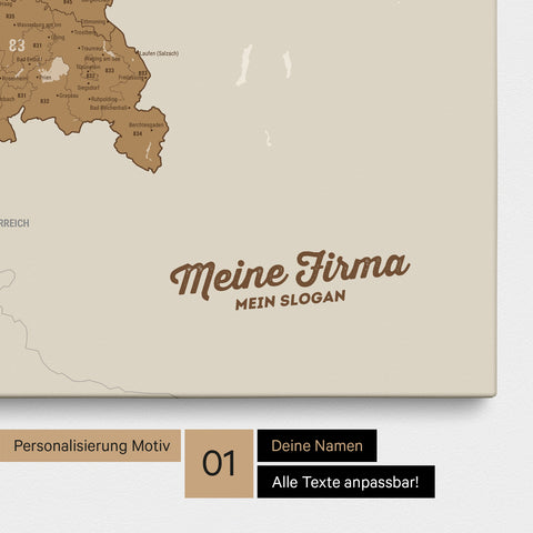 Deutschland-Karte mit Postleitzahlen als Pinnwand Leinwand in Bronze mit Personalisierung und Eindruck von Namen