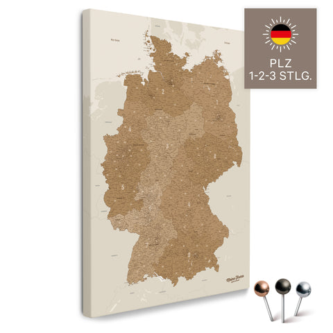 Deutschland-Karte mit Postleitzahlen 1-2-3-stellig in Bronze als Pinnwand Leinwand zum Pinnen und Markieren kaufen