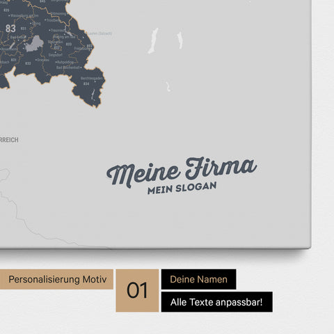 Deutschland-Karte mit Postleitzahlen als Pinnwand Leinwand in Denim Blue mit Personalisierung und Eindruck von Namen