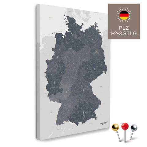 Deutschland-Karte mit Postleitzahlen 1-2-3-stellig in Denim Blue als Pinnwand Leinwand zum Pinnen und Markieren  kaufen