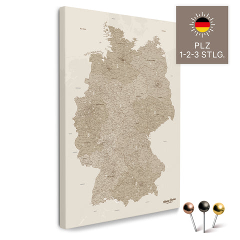 Deutschland-Karte mit Postleitzahlen 1-2-3-stellig in Desert Sand als Pinnwand Leinwand zum Pinnen und Markieren  kaufen