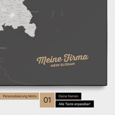 Deutschland-Karte mit Postleitzahlen als Pinnwand Leinwand in Dunkelgrau mit Personalisierung und Eindruck von Namen